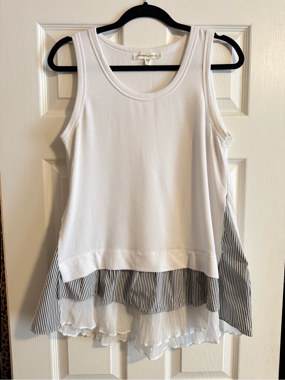 Karen Kane White Tank with Striped & Sheer Layered Hem